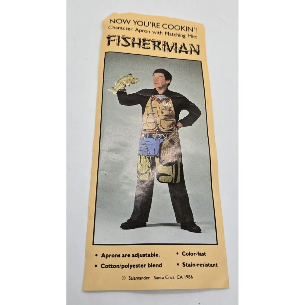 VTG 1986 Fisherman Angler‎ Apron with Matching Fish Oven Mitt New Old Stock